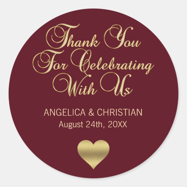 Elegant Burgundy Gold Autumn Thank you Wedding Classic Round Sticker (Front)