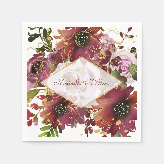 Elegant Burgundy Gold Blush Pink Floral Wedding Napkin (Front)
