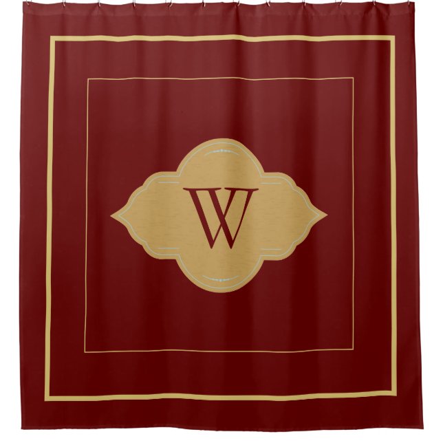 Elegant burgundy gold Border Monogram Letter Shower Curtain (Front)