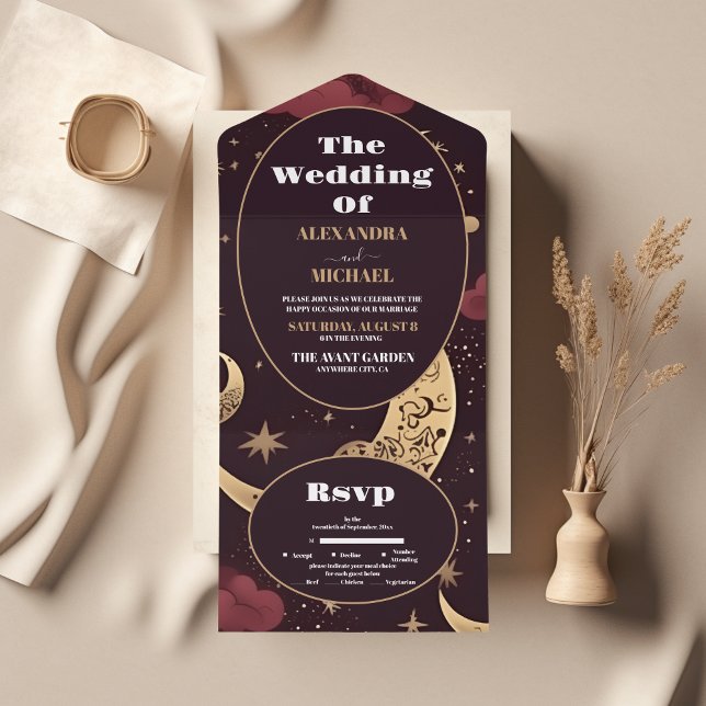 Elegant Burgundy Gold Celestial Wedding All In One Invitation (Creator Uploaded)