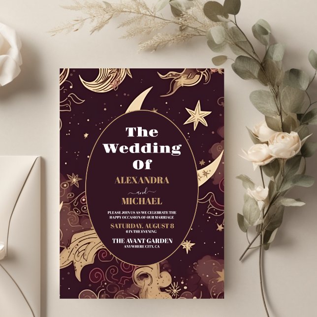 Elegant Burgundy Gold Celestial Wedding Invitation (Creator Uploaded)