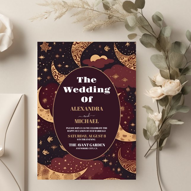 Elegant Burgundy Gold Celestial Wedding Invitation (Creator Uploaded)