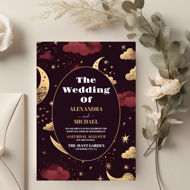 Elegant Burgundy Gold Celestial Wedding Invitation (Creator Uploaded)