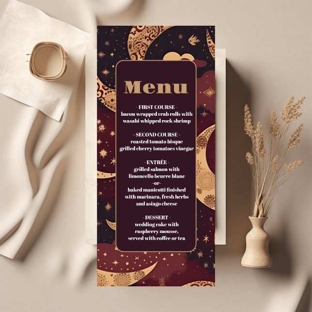 Elegant Burgundy Gold Celestial Wedding Menu (Creator Uploaded)