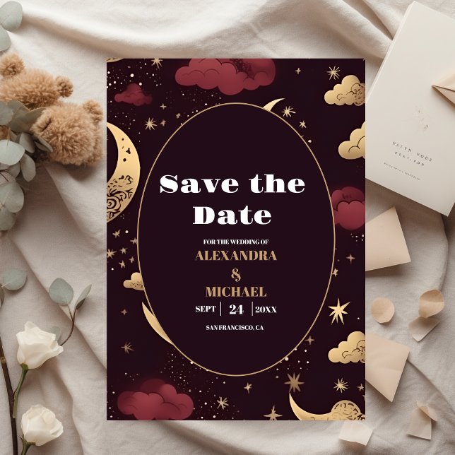 Elegant Burgundy Gold Celestial Wedding Save The Date (Creator Uploaded)