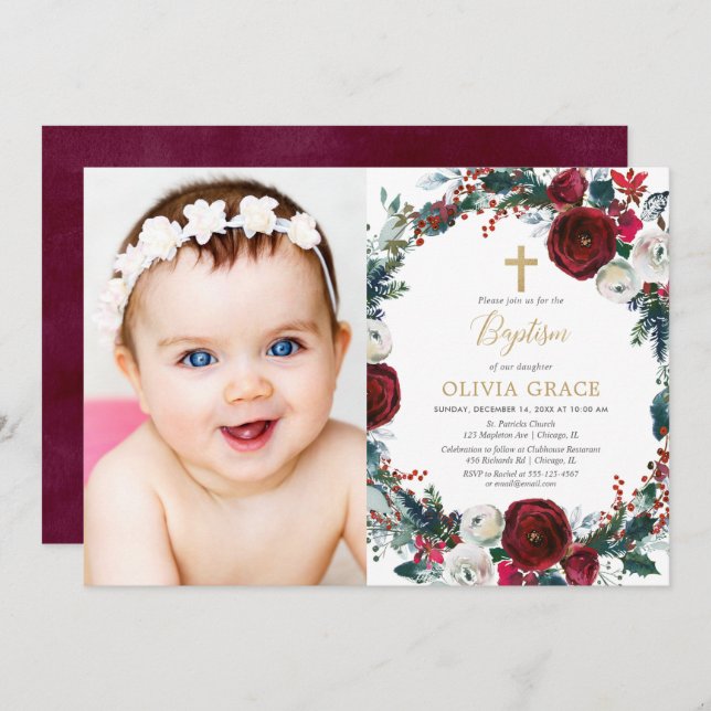 Elegant burgundy gold Christmas baptism photo Invitation (Front/Back)