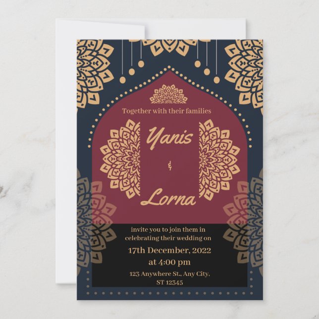 ELEGANT Burgundy GOLD CLASSIC MANDALA WEDDING INV Invitation (Front)