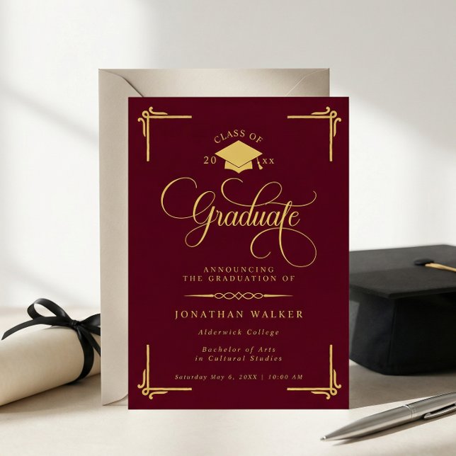 Elegant Burgundy Gold College Graduation Announcement (Creator Uploaded)