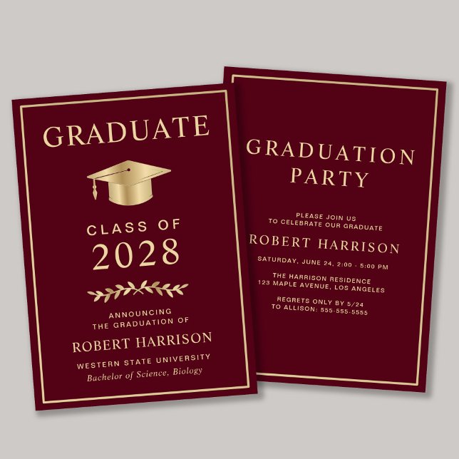Elegant Burgundy Gold College Graduation Party Invitation (An elegant college graduation party invitation to celebrate the graduate's achievements)