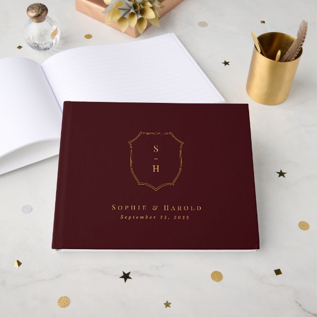 Elegant Burgundy & Gold Crest Monogram Wedding Guest Book (Front Open)