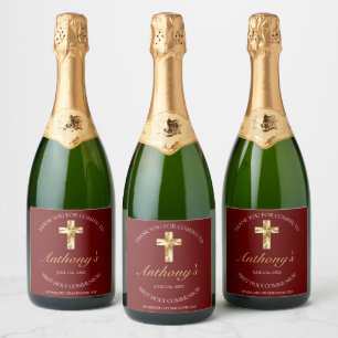 Elegant Burgundy Gold Cross 1st Communion  Sparkling Wine Label
