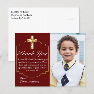 Elegant Burgundy Gold Cross 1st Communion Thank Yo Postcard