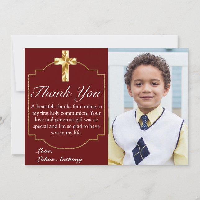 Elegant Burgundy Gold Cross 1st Communion Thank You Card (Front)
