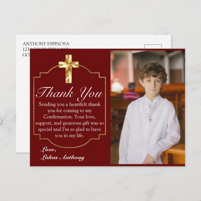 Elegant Burgundy Gold Cross Confirmation Photo  Postcard (Front/Back)