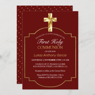 Elegant Burgundy Gold Cross First Communion Invitation