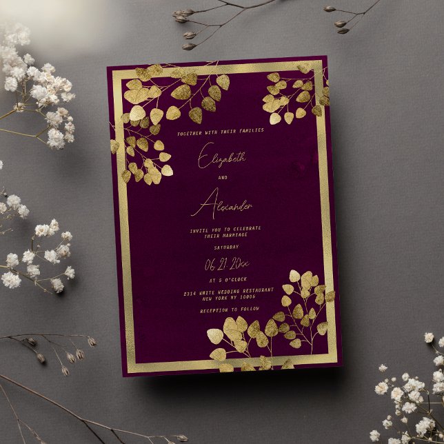 Elegant burgundy gold eucalyptus leaf wedding invitation (Elegant burgundy gold eucalyptus leaf wedding )
