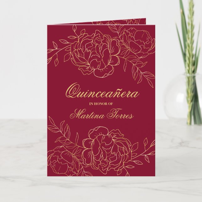 Elegant Burgundy Gold Fine Art Floral Quinceanera Invitation (Front)