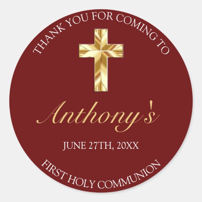 Elegant Burgundy Gold First Communion Thank You Classic Round Sticker (Front)