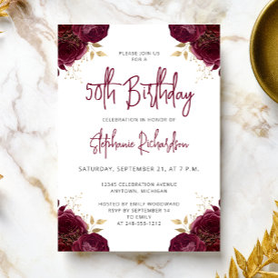 Elegant Burgundy Gold Floral 50th Birthday Party Invitation