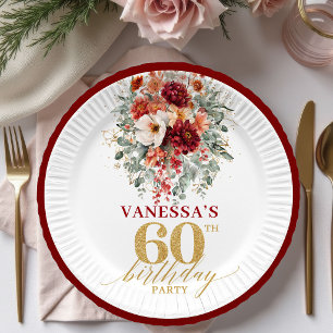 Elegant Burgundy Gold Floral 60th Birthday Paper Plate