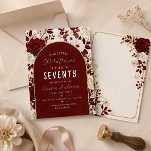 Elegant Burgundy & Gold Floral 70th Birthday Invitation