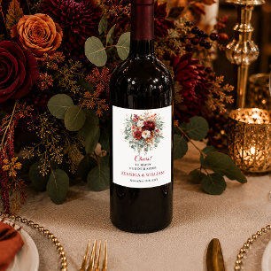 Elegant Burgundy Gold Floral Autumn boho floral  Wine Label