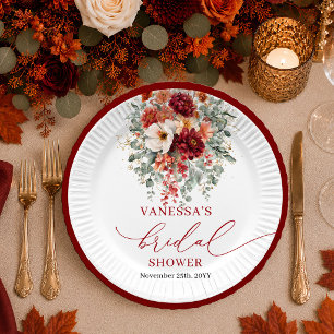 Elegant Burgundy Gold Floral autumn bridal shower Paper Plate