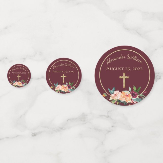 Elegant Burgundy Gold Floral Baby Christening Confetti (Fronts)