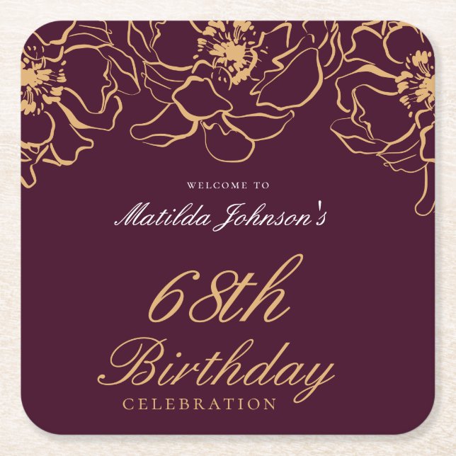 Elegant Burgundy Gold Floral Birthday Party Square Paper Coaster (Front)