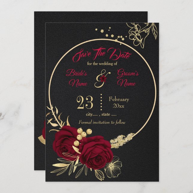 elegant burgundy gold floral black  save the date (Front/Back)