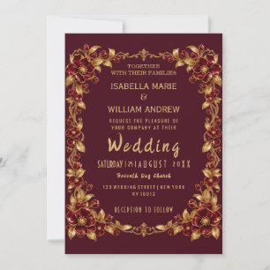 Elegant Burgundy Gold Floral Border Wedding  Invitation
