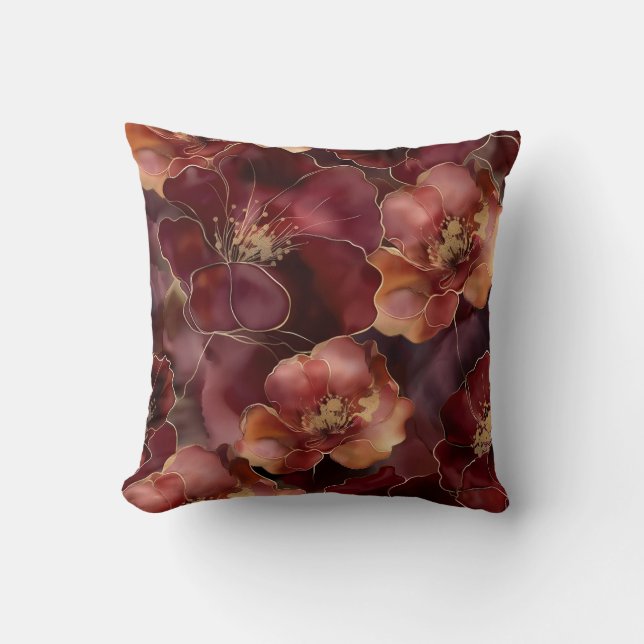 Elegant burgundy gold floral cushion (Front)