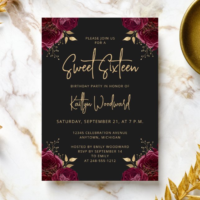 Elegant Burgundy Gold Floral Dark Sweet 16 Party Invitation (Creator Uploaded)