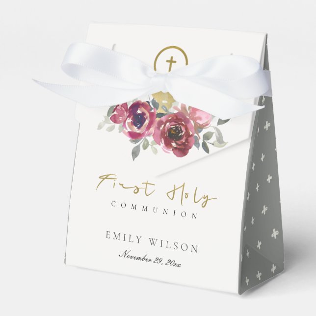 ELEGANT BURGUNDY GOLD FLORAL FIRST HOLY COMMUNION FAVOUR BOX (Front Side)