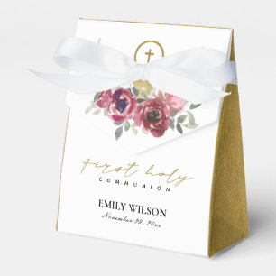 ELEGANT BURGUNDY GOLD FLORAL FIRST HOLY COMMUNION  FAVOUR BOX