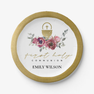 ELEGANT BURGUNDY GOLD FLORAL FIRST HOLY COMMUNION PAPER PLATE