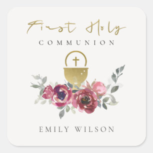 ELEGANT BURGUNDY GOLD FLORAL FIRST HOLY COMMUNION SQUARE STICKER