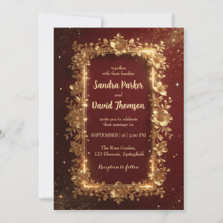 Elegant Burgundy & Gold Floral Frame Wedding  Invitation