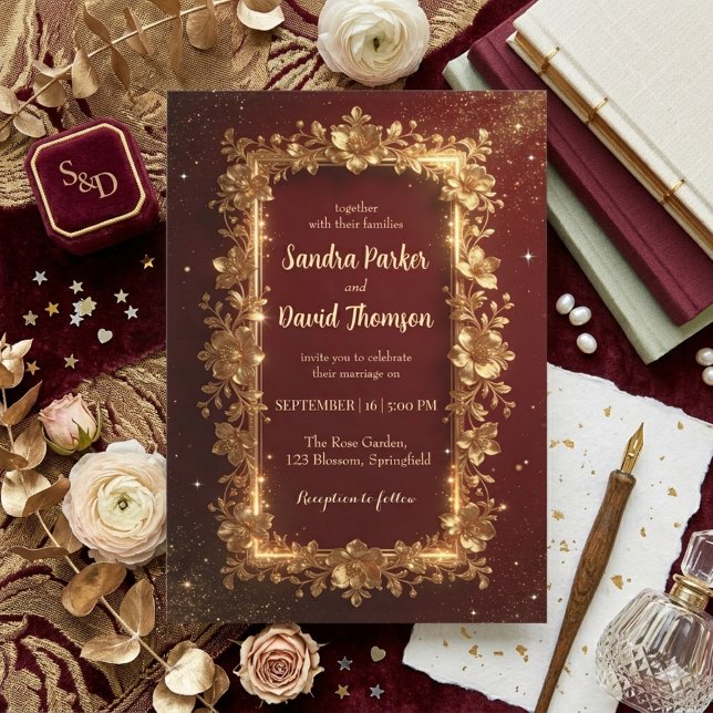 Elegant Burgundy & Gold Floral Frame Wedding  Invitation (Creator Uploaded)
