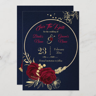 elegant burgundy gold floral navy blue save the date