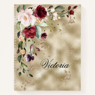 Elegant Burgundy Gold Floral Personalised Script Notebook