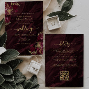 Elegant Burgundy Gold Floral QR Code Wedding Invitation
