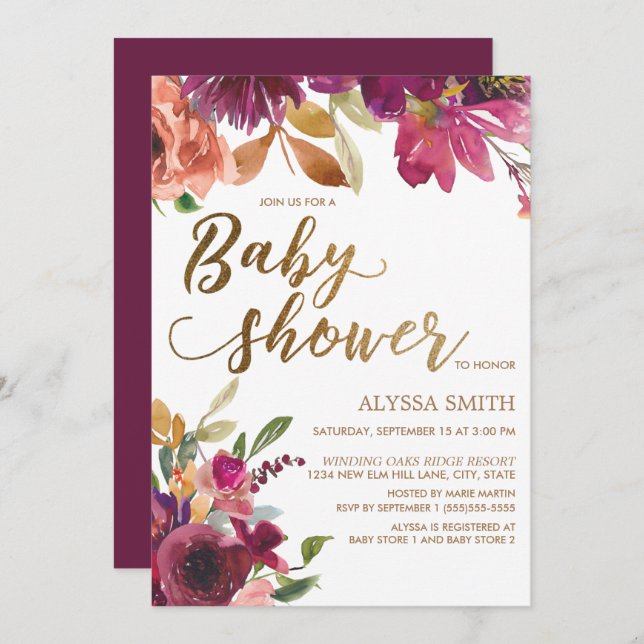 Elegant Burgundy Gold Floral Script Baby Shower Invitation (Front/Back)