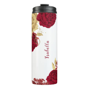 Elegant burgundy gold floral thermal tumbler