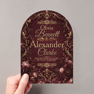 Elegant Burgundy Gold Floral Vintage Wedding Acrylic Invitations