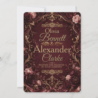 Elegant Burgundy Gold Floral Vintage Wedding Invitation