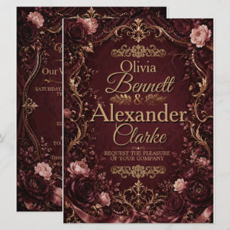 Elegant Burgundy Gold Floral Vintage Wedding Invitation