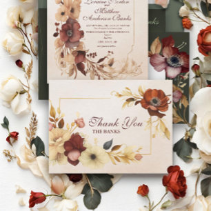 Elegant Burgundy Gold Floral Watercolor Wedding Thank You Card