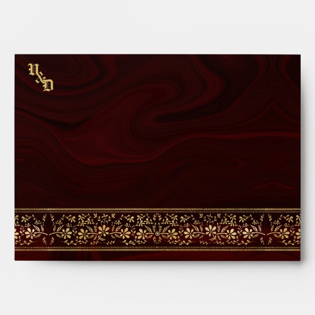 Elegant Burgundy Gold Floral Wedding Envelope (Front)