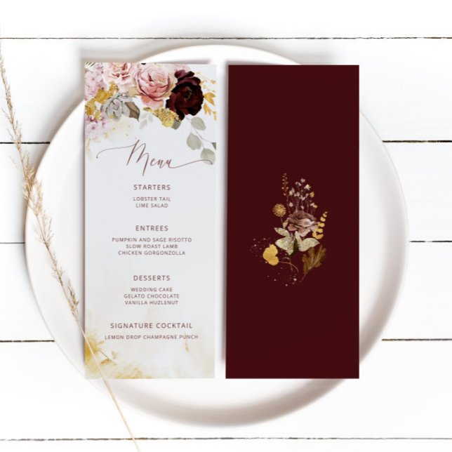 Elegant Burgundy gold floral wedding Menu (Creator Uploaded)